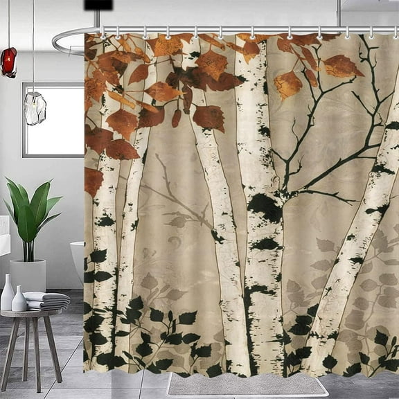 Fall Birch Trees Shower Curtain Autumn Maple Leaves Shower Curtain Forest Nature Scenery Decor Fabric Bathroom Curtains with 12 Plastic Hooks 72x72 in
