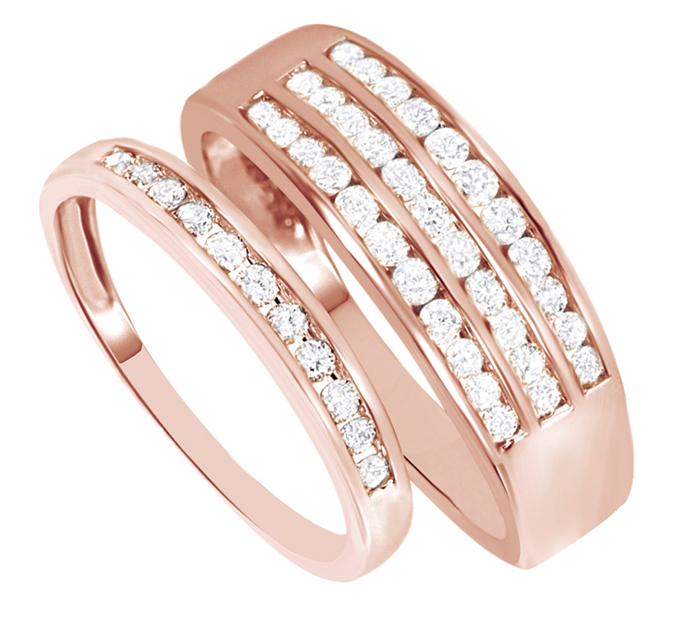 AFFY White Natural Diamond His And Hers Wedding Band Set in 14K Rose Gold (0.88 Cttw) By