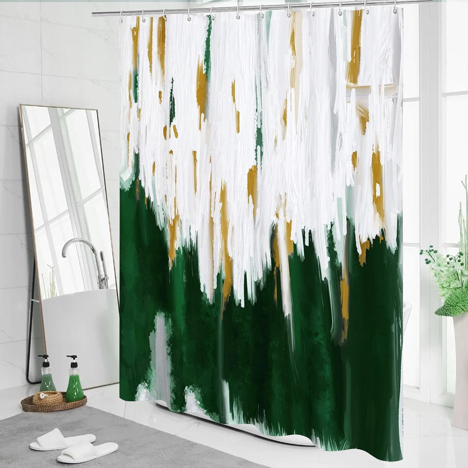 Extra Long Emerald Green Shower Curtain Set 72 x 84, Modern Ombre 84 inch XL Shower Curtains for Chic Vintage Bathroom Decor, Brush Strokes Oil Painting Fabric Abstract Shower Curtain