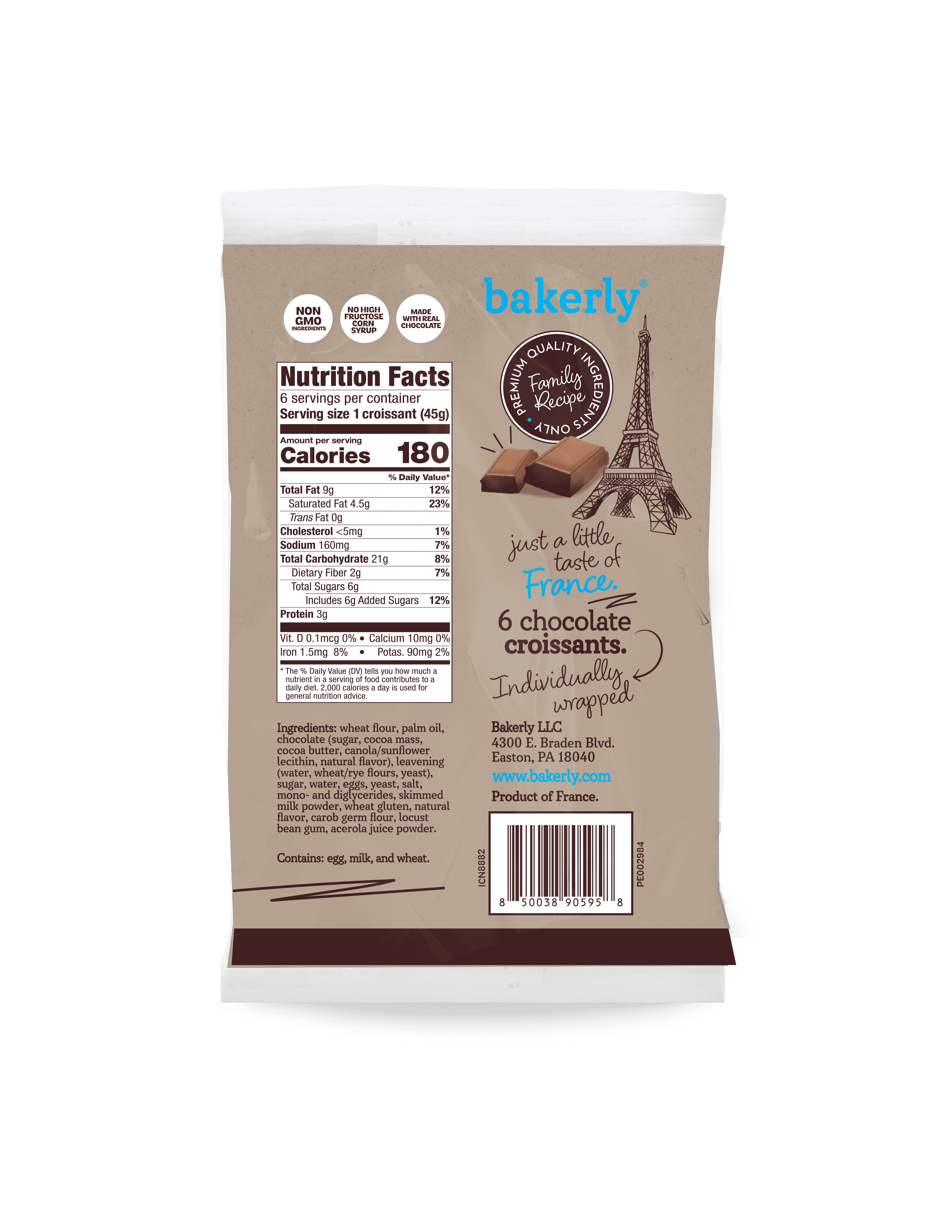 Bakerly Chocolate Croissants, Regular, Shelf Stable/Ambient, Bag, Non GMO, 9.52 oz., 6 Count