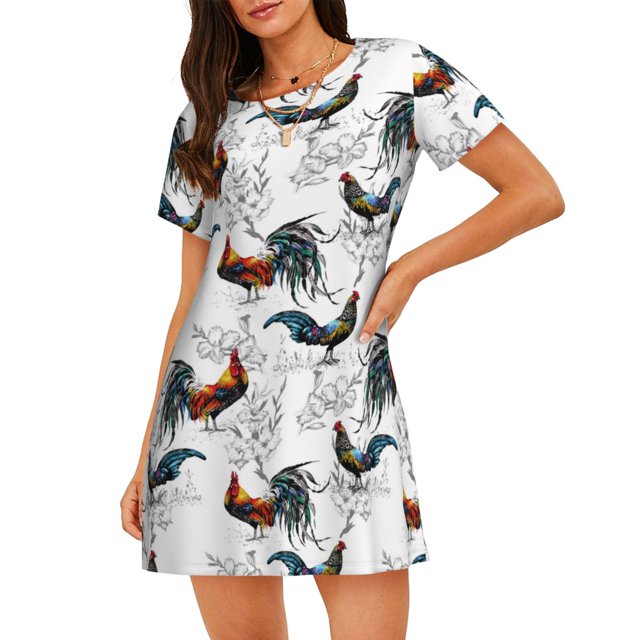 Balery Cool Chicken Camisón de manga corta con cuello redondo para mujer, cómodo y elegante.