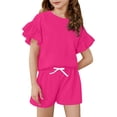 thumbnail image 3 of YOUYEDIAN Girls Summer 2 Piece Outfits Ruffle Sleeve T-Shirts and Shorts Sets Solid Color Tracksuits for Kids (Hot Pink, 6-7 Years), 3 of 4
