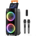 thumbnail image 1 of FanFun Large Karaoke Machine, Bluetooth Party Speaker with 2 Mics, LED Lights, Portable Karaoke System with Trolley Bar, Wheels & Remote Control, T9, 1 of 9
