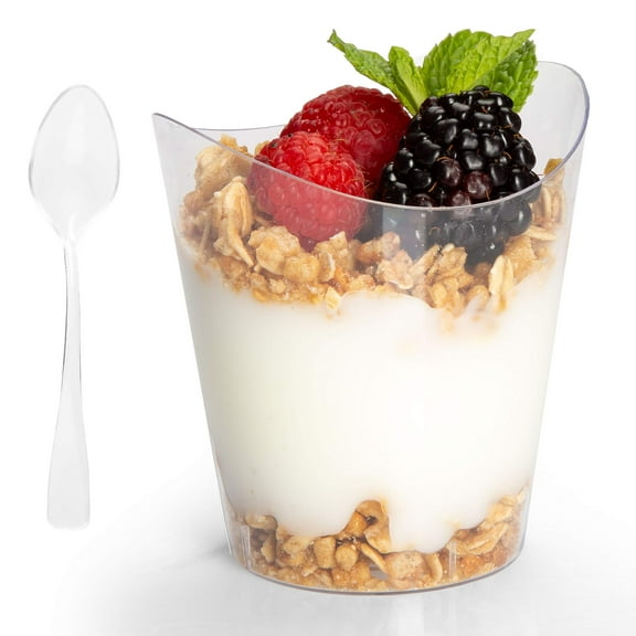 Ilyapa 4oz Plastic Dessert Cups - 100 Pack Mini Dessert Cups with Spoons - Clear Reusable Small Appetizer Cup for Cheesecake Shooters, Chocolate Mousse, Parfait - Party and Catering Supplies - Round