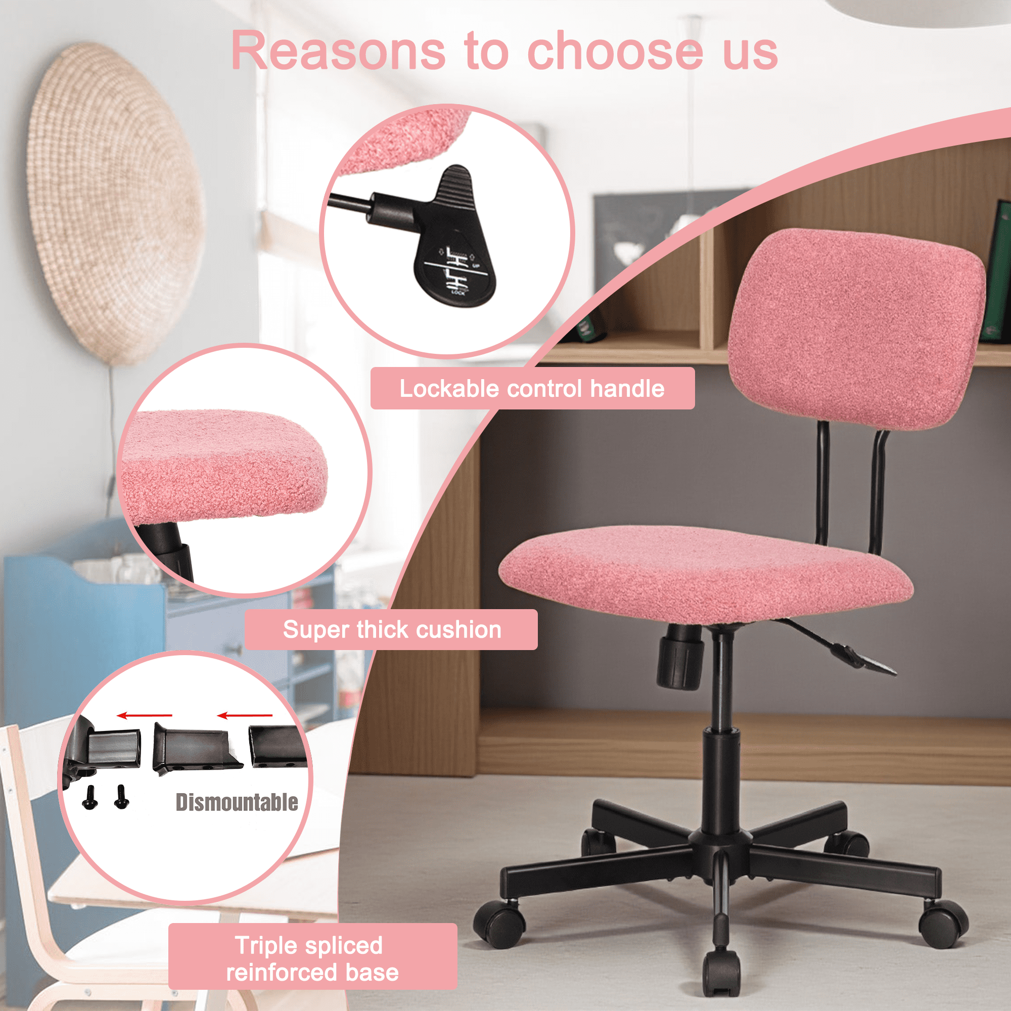 JJS Low Back Velvet Fabric Armless Home Office Computer Chair in Pink