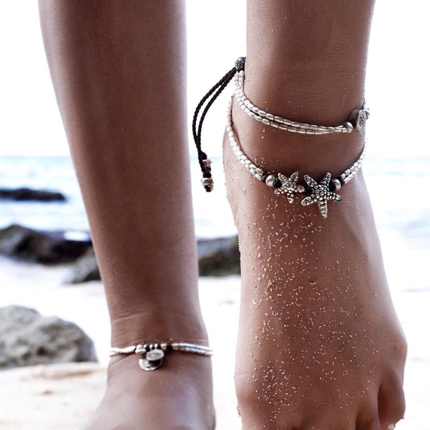 2 piezas dos en uno Bohend pulsera en capas vintage brazalete de cuentas de estrella de mar de plata tobilleras multicapa ajustables pulseras cadenas para pies de playa accesorios de joyería Rojo Verde