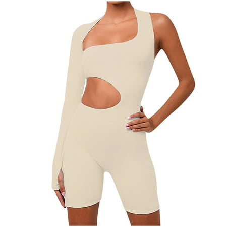 

Womens Short Jumpsuit Clearance Solid Sports Tight Fit Bib Pants Coverall Bodysuit One-Piece Leotard Pajama Shorts Gray Sweatpants Leather Bodysuit Brown M