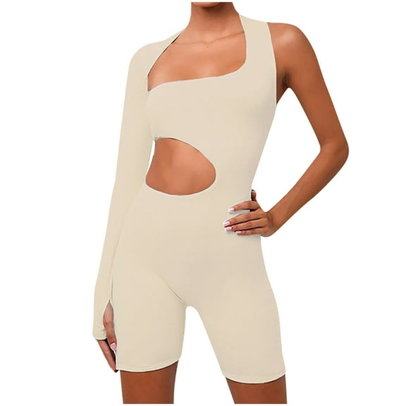 Women's Sexy Cut Out One Shoulder Long Sleeve Jumpsuit Short Workout Bodysuit Romper Clubwear for Women