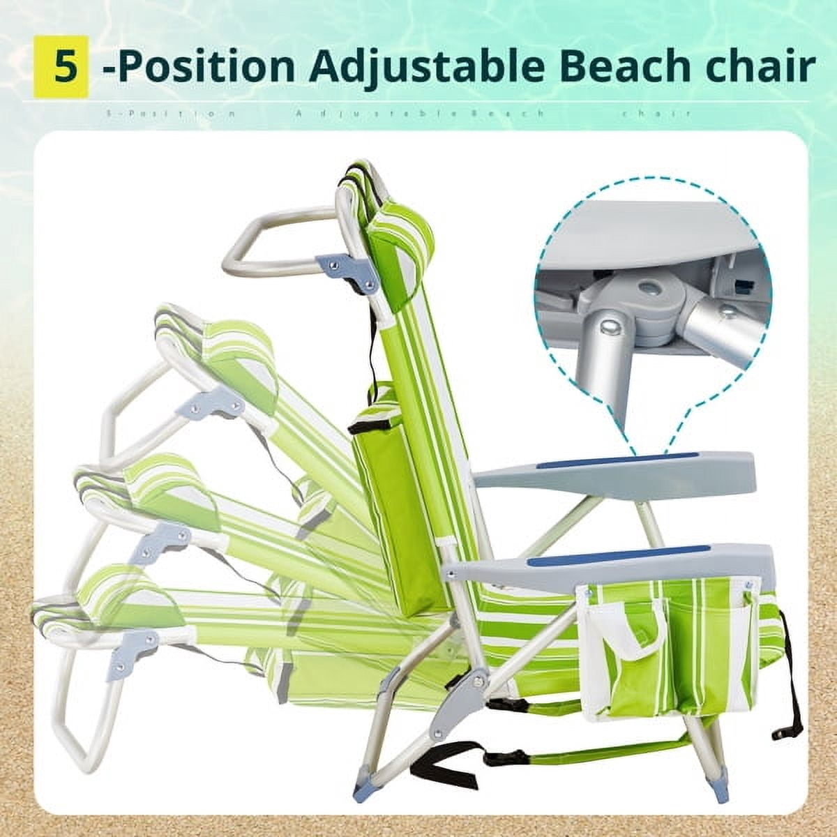 Alvantor 5-Position Folding Beach Chair for Adults with Headrest, Cup Holder, Cooler Bag, Shoulder Strap, Green Stripe