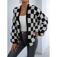 thumbnail image 6 of Women'S Plus Size Checkered Cardigan Top Plaid Print Open Front Loose Sweater Outwear Black & White XL, 6 of 8