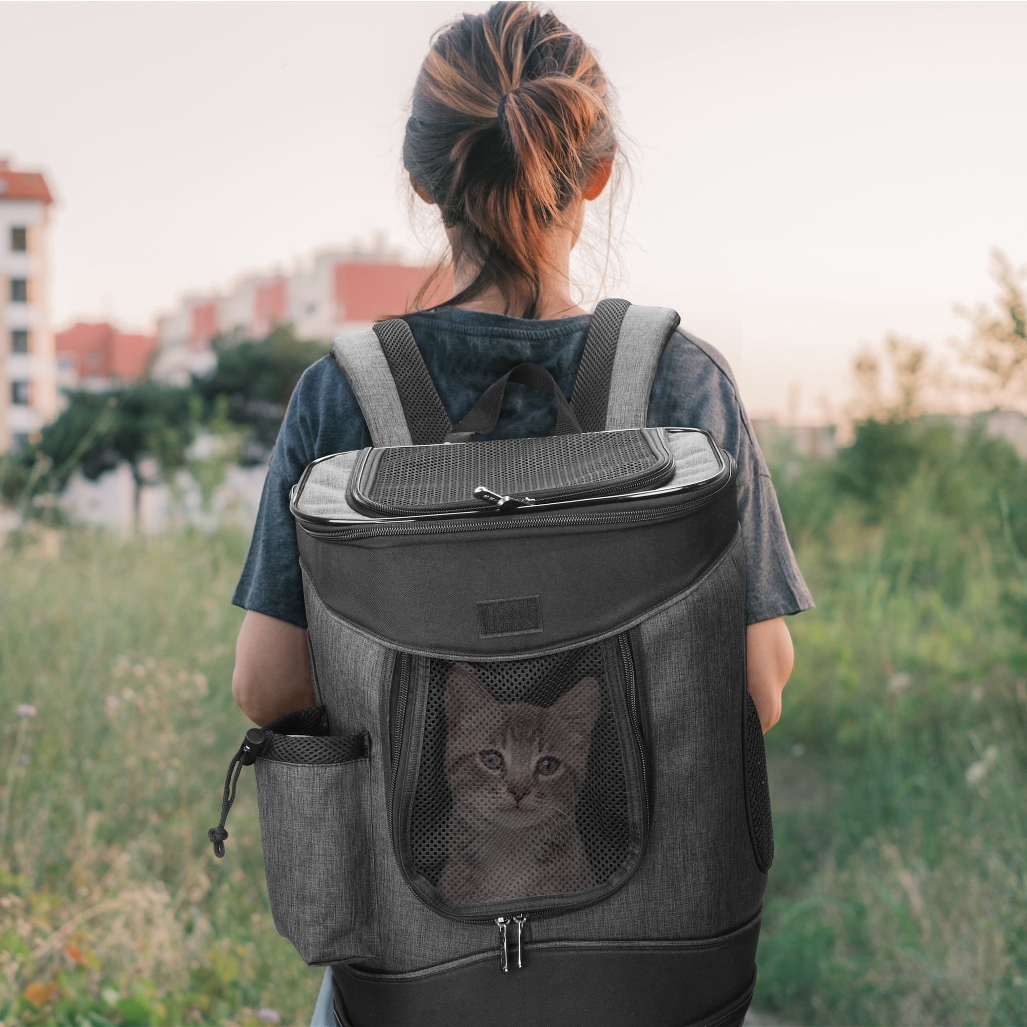 Solaris Adjustable Pet Carrier Backpack for Dogs and Cats, Puppies, Portable Cat Carrier Backpack with Bottle Pocket, Two Mesh Window for Breath,Charcoal