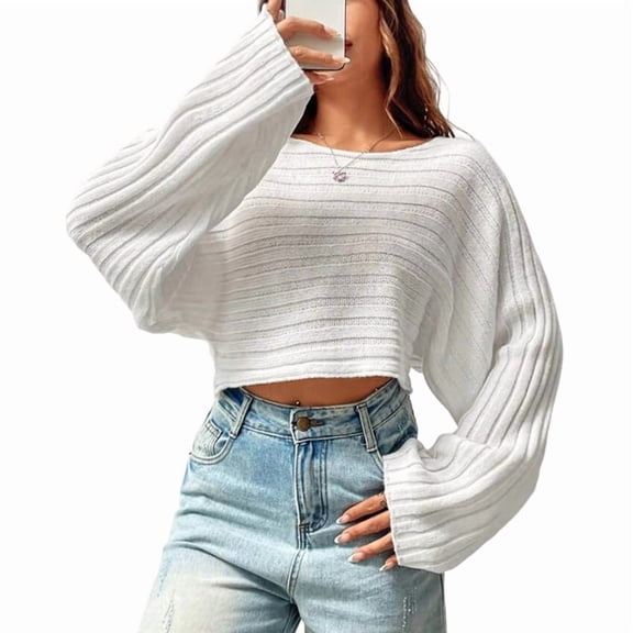 Women'S Scoop Neck Long Sleeve Sweater Slim Fit Ribbed Knit Solid Fashion Sweater Pullovers White L