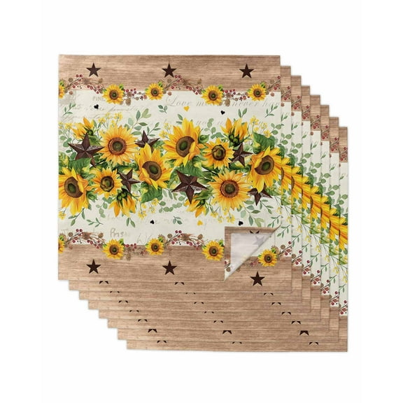 nqOlkjepod Yellow Sunflower Cloth Napkins Set of 8 Reusable Dinner Napkins, Green Leaves Wood Country Vintage Cocktail Napkin Washable Table Napkins for Wedding/Holiday Party/Baby Shower 20"x20"