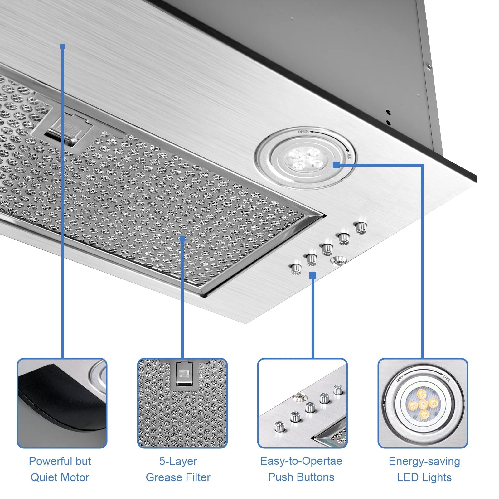 Range Hood Insert 20 Inch, Built-in Kitchen Hood 900CFM, Insert Vent Hood ,Push Button Control,w/ 3 Speed Fan