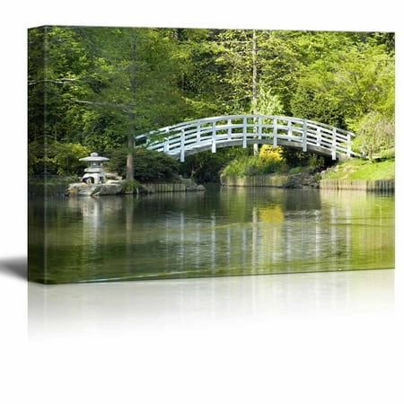 Canvas Prints Wall Art - Beautiful Scenery/Landscape Japanese Zen Garden with Arched Moon Bridge and Pagoda - 16