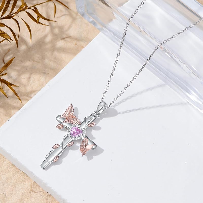 DVEATR Hummingbird/Butterfly Cross Necklace for Women 925 Sterling Silver Hummingbird Cross Necklace with Birthstone Animal Pendant daintyJewelry Gift for Women.