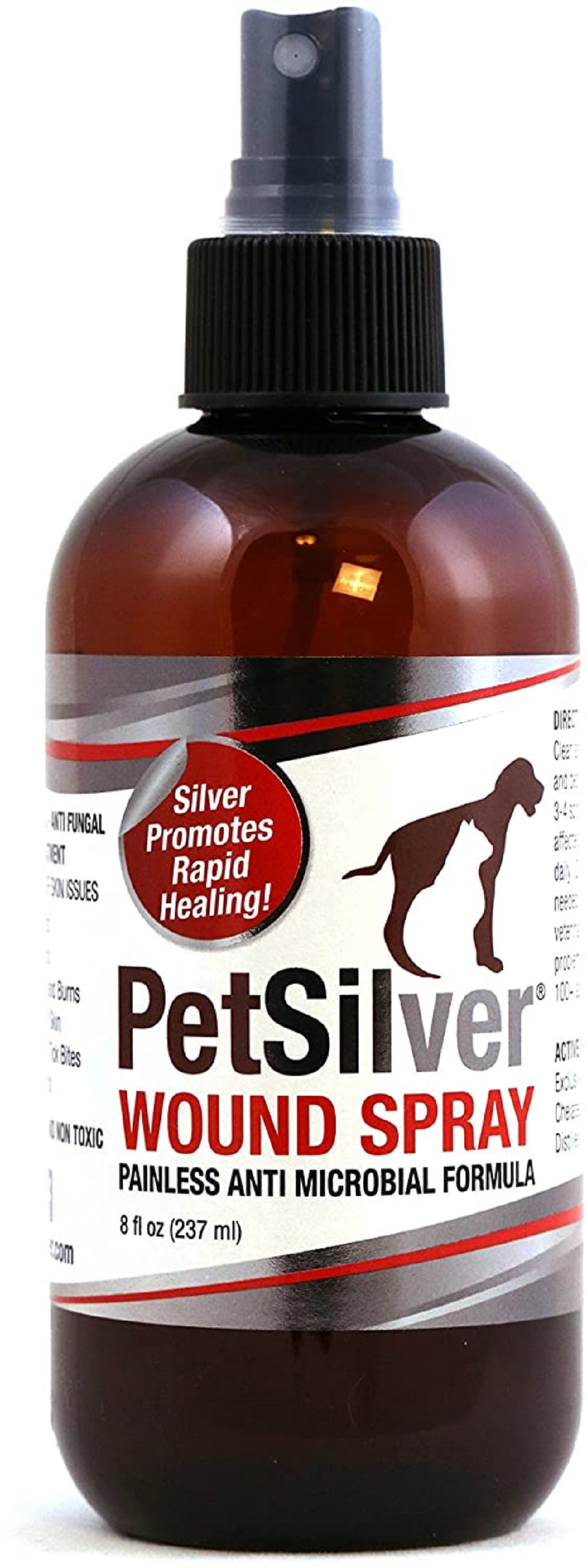 PetSilver Wound Spray with Chelated Silver, Made in USA, Vet Formulated, All Natural Pain Free Formula, Relief for Hot Spots, Wounds and Burns, 8 oz