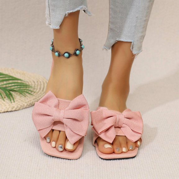 CQONEPT Women's Bow Sandals Comfortable Cute Flat Slippers Slip On Wide Width Slide Sandals for Beach Wedding Vacation Pink 36