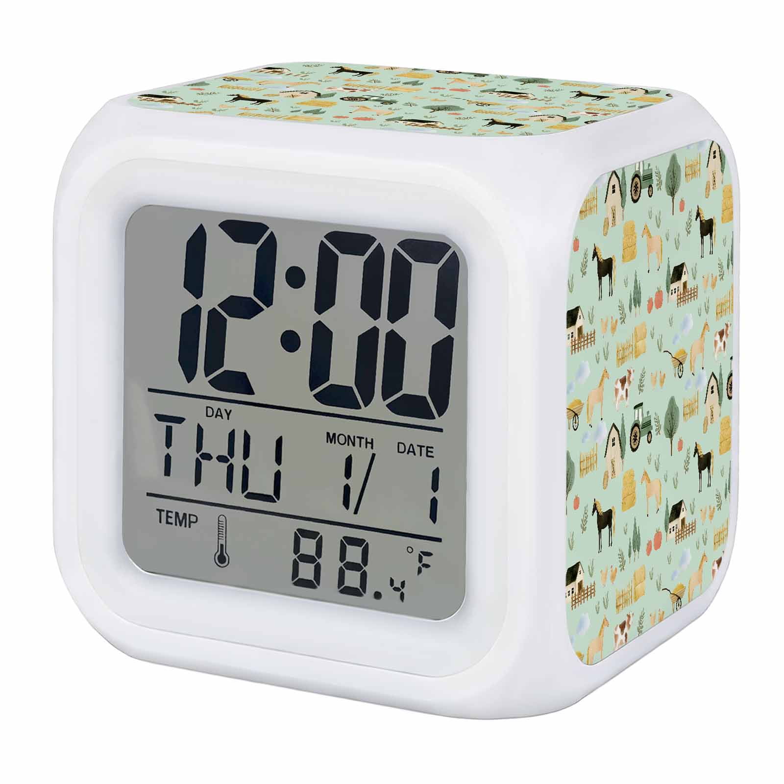 Green Farm Alarm Clock, Farmhouse Cartoon Horse Chicken Fence Truck Tree Digital Clock Night Light