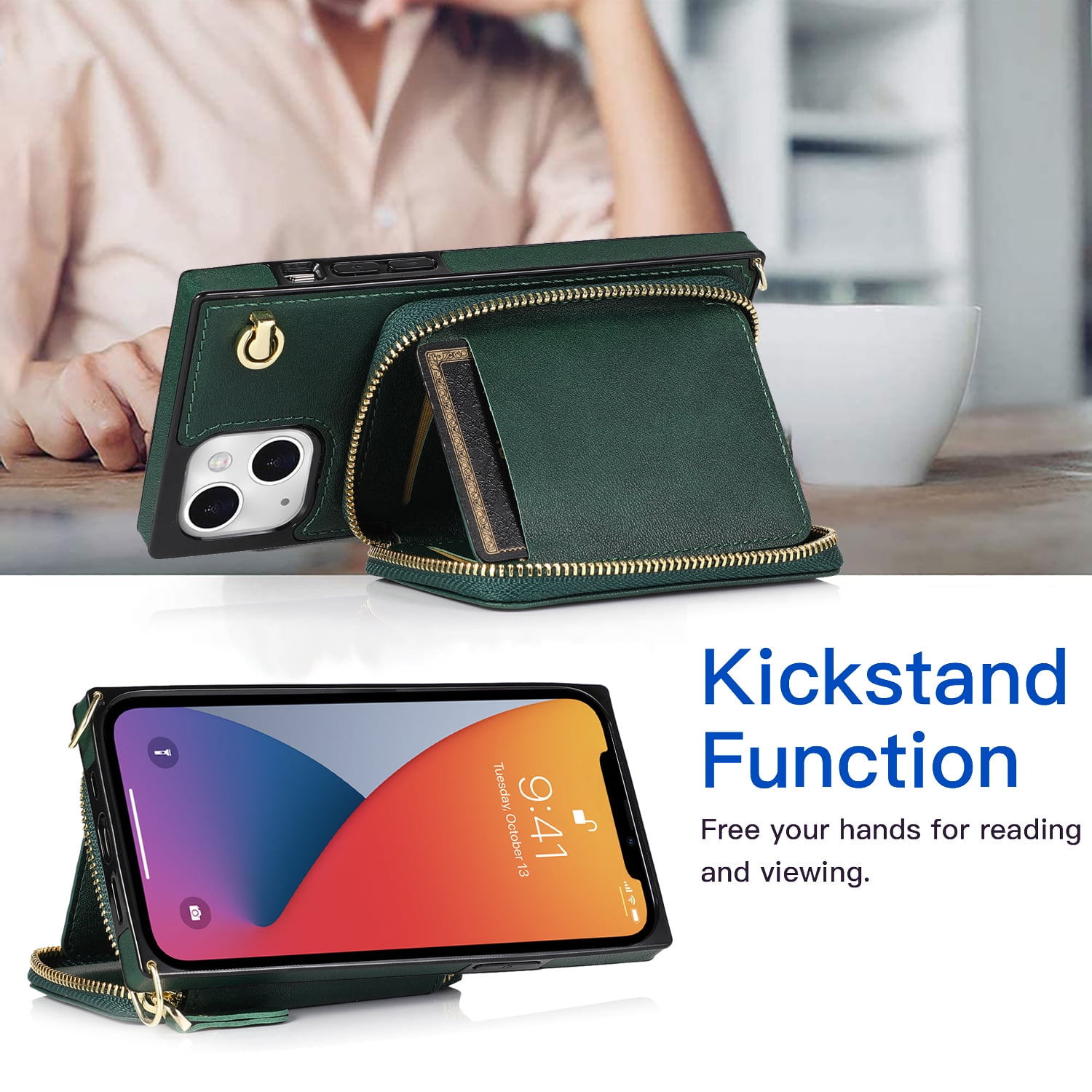 TECH CIRCLE For iPhone 12 Mini Wallet Case,Card Holder Phone Case for Women, Zipper PU Leather Purse Kickstand Folio Flip Case with Crossbody Strap for Apple iPhone 12 mini 5.4" 2020,Darkgreen