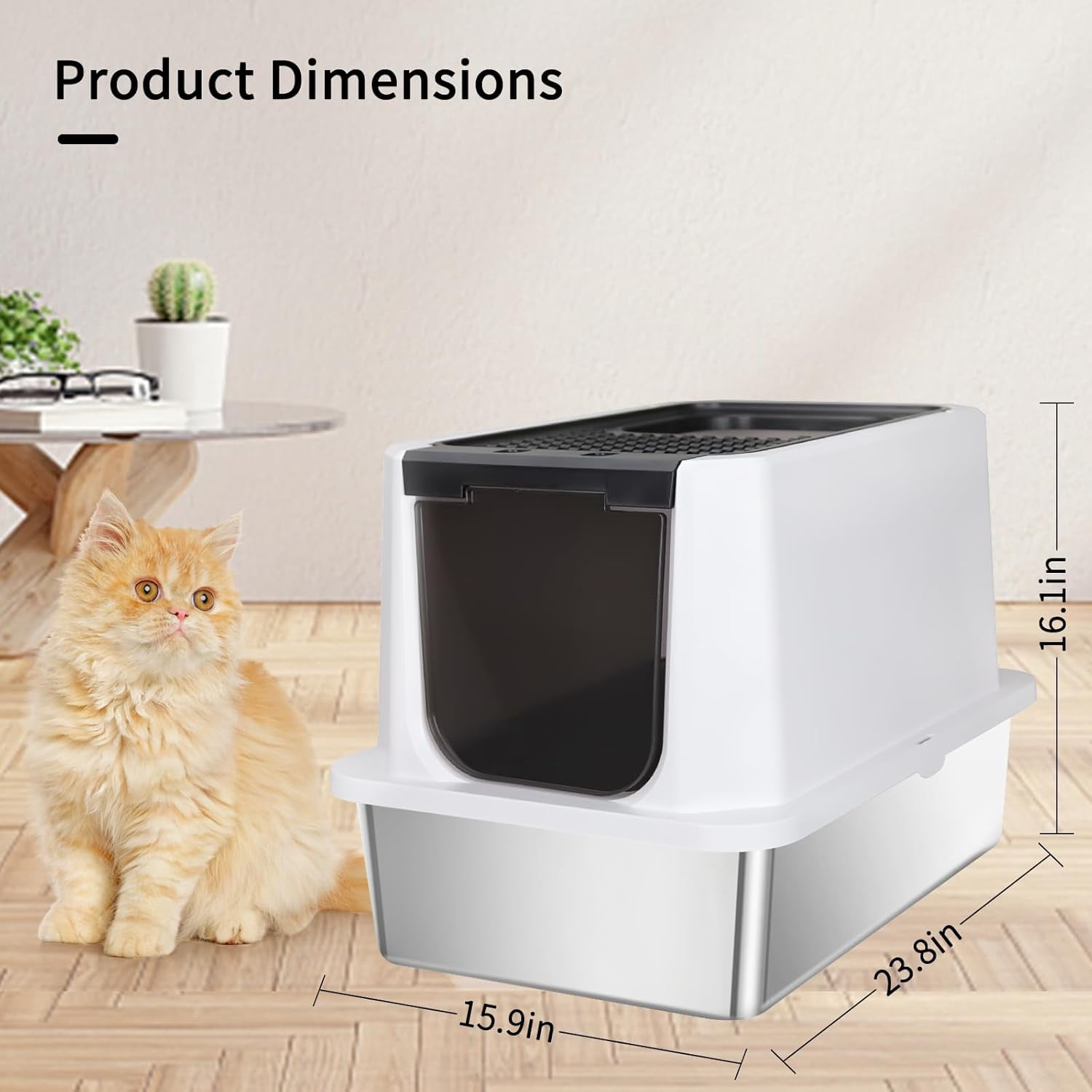 Stainless Steel Cat Litter Box, Semi-Enclosed Litter Box with Raised Edges, Anti-Leakage & Odorless, Large Litter Box for Small to Large Sized Cats (Black, 23.8" L*15.9" W*16.1" H)
