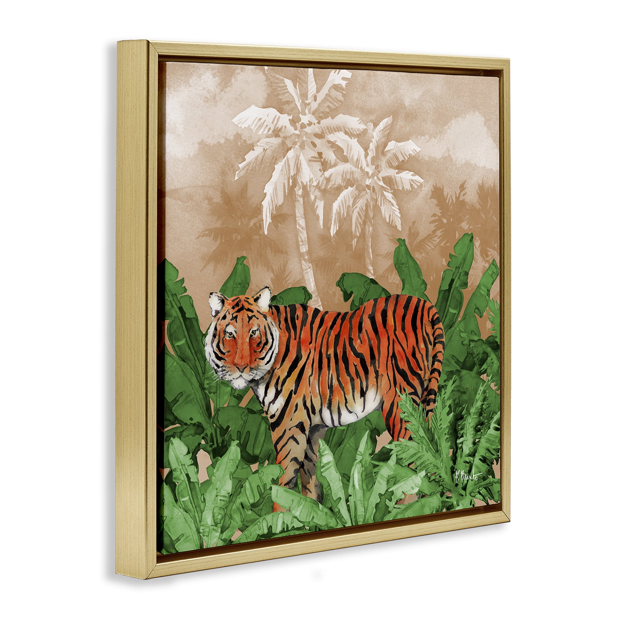 Stupell Industries Jungle Life Tiger Animals & Insects Painting Gold Floater Framed Canvas Art Print Wall Art, 25 x 25