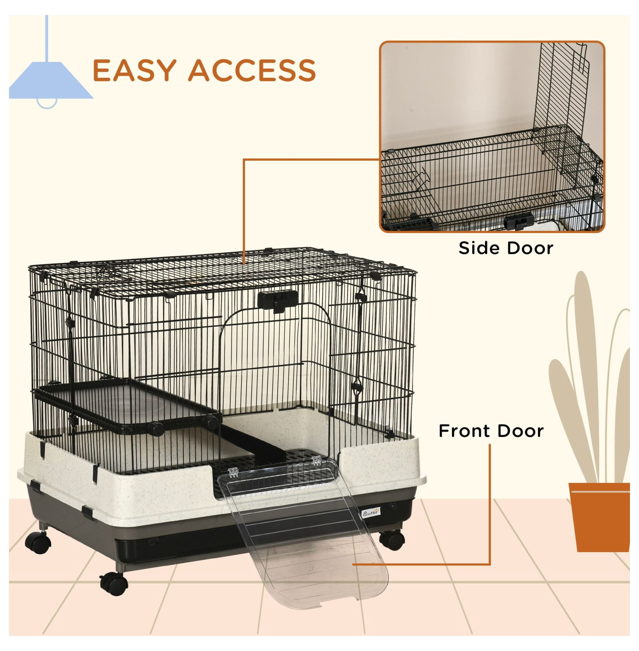 2-Tier Black Small Animal Cage Rabbit Hutch with Wheels Removable Tray Platform Ramp for Bunny Chinchillas Hedgehog Gerbils