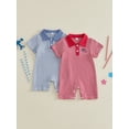 thumbnail image 3 of Cenuakty Baby Boy 4th of July Romper 0-18M  American Flag Embroidered Striped Short Sleeve Half Button-up Collared Bodysuit, 3 of 9
