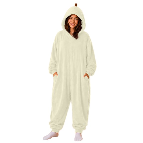 Unisex Adult Onesie Pajamas BWASD Casual One Piece Snug Fit Thick Warm Plush Pajamas Soft Solid Color Long Sleeve Hooded Loungewear Soft for Fall Winter Sleepwear Beige,L