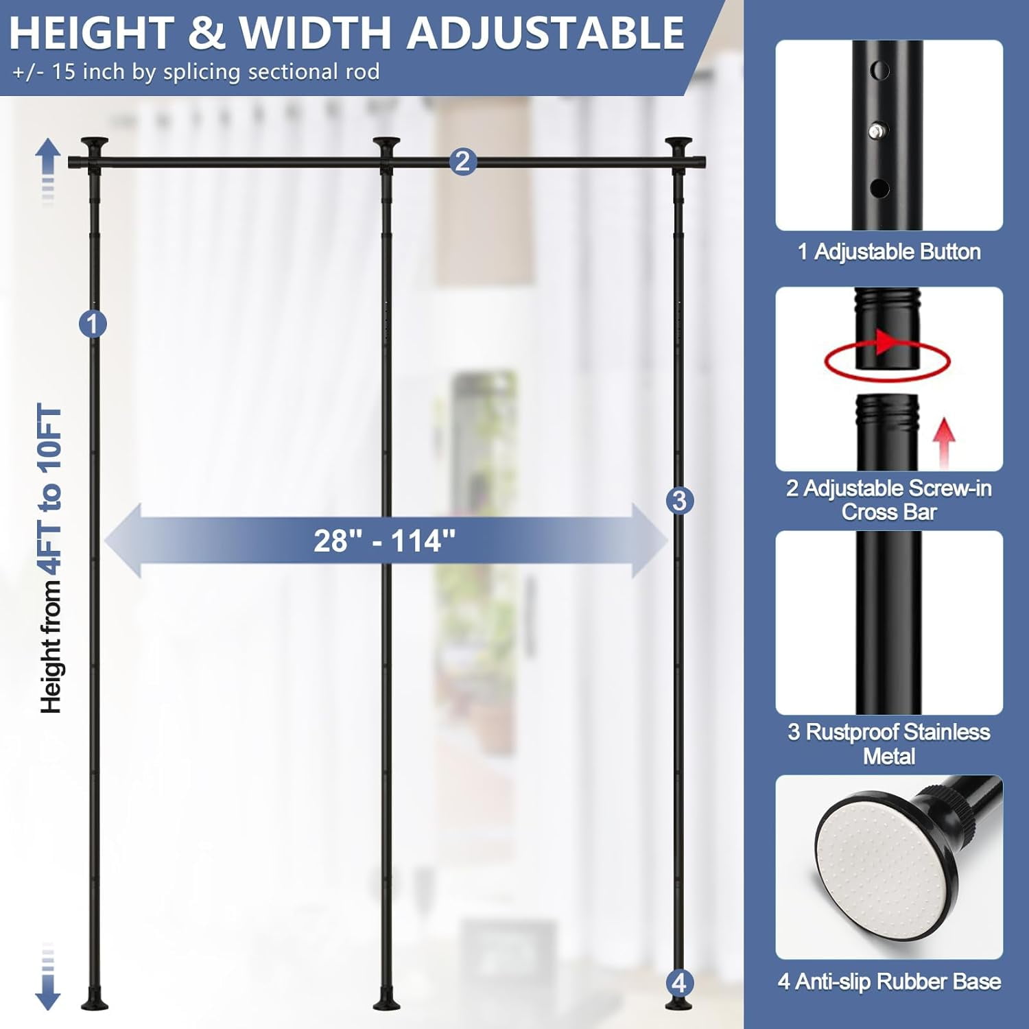 OLIYNEDY Room Divider No Drilling Curtain Rod for Room Separation, 4-10ft (H) 28-114inch(W) Adjustable Heavy Duty Floor to Ceiling Wall Divider Hanging Room Divider, Matte Black