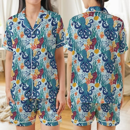 Lotusprinthandmade Octopus Art All-over Print Satin Short-Sleeve Pajamas Set (No Pocket) (L) - Octopus Outfit Set