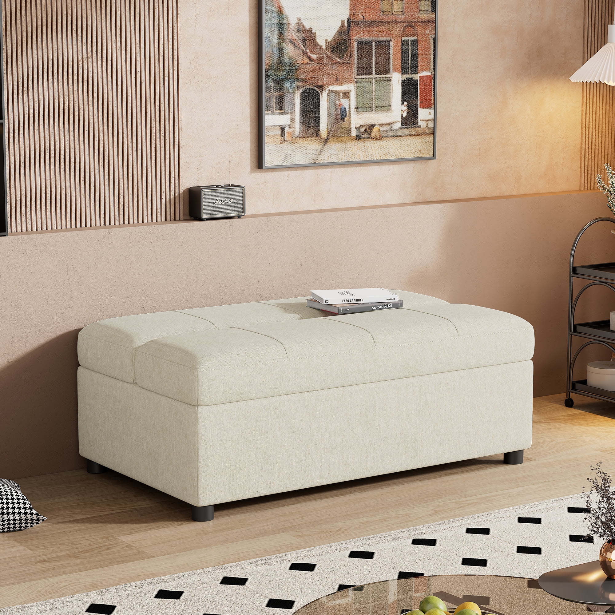 Euroco Twin Size Folding Ottoman Sleeper Bed with Mattress Convertible Guest Bed, White