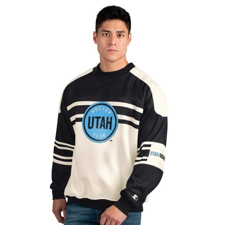 Men s-Starter White/Black Utah Hockey Club Defense Fleece Crewneck Pullover Sweatshirt Men s-Starter White/Black Utah Hockey Club Defense Fleece Crewneck Pullover Sweatshirt