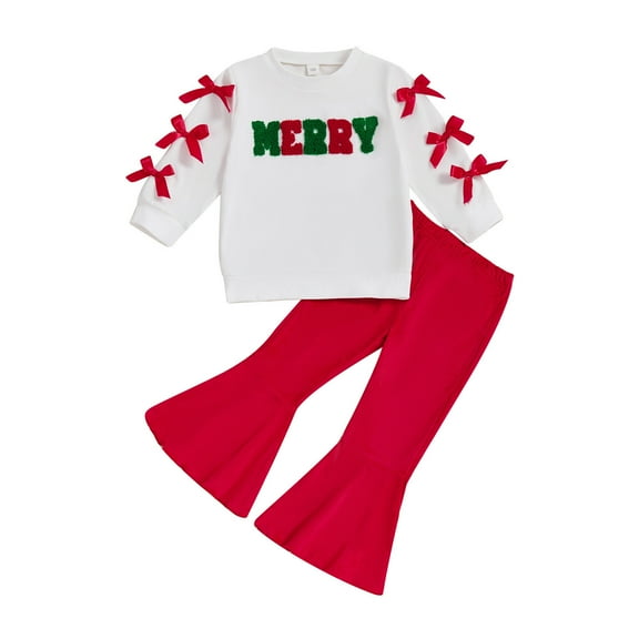 Afdoent Kids Toddler Girls Clothing Set Girls' Holiday Letter Embroidered Long Sleeve Bow Sweatshirt And Flared Pants Two Piece For Festive Celebrations 2-3 Years