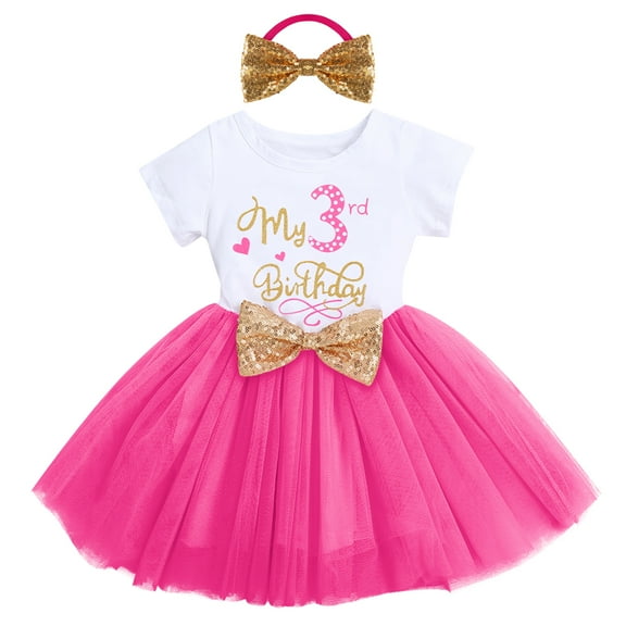 IBTOM CASTLE Toddler Baby Girls Princess Shiny Sequin Bow Tutu Dress with Headband 3rd Birthday Outfits Cake Smash Party Clothes Set 3 Years Hot Pink