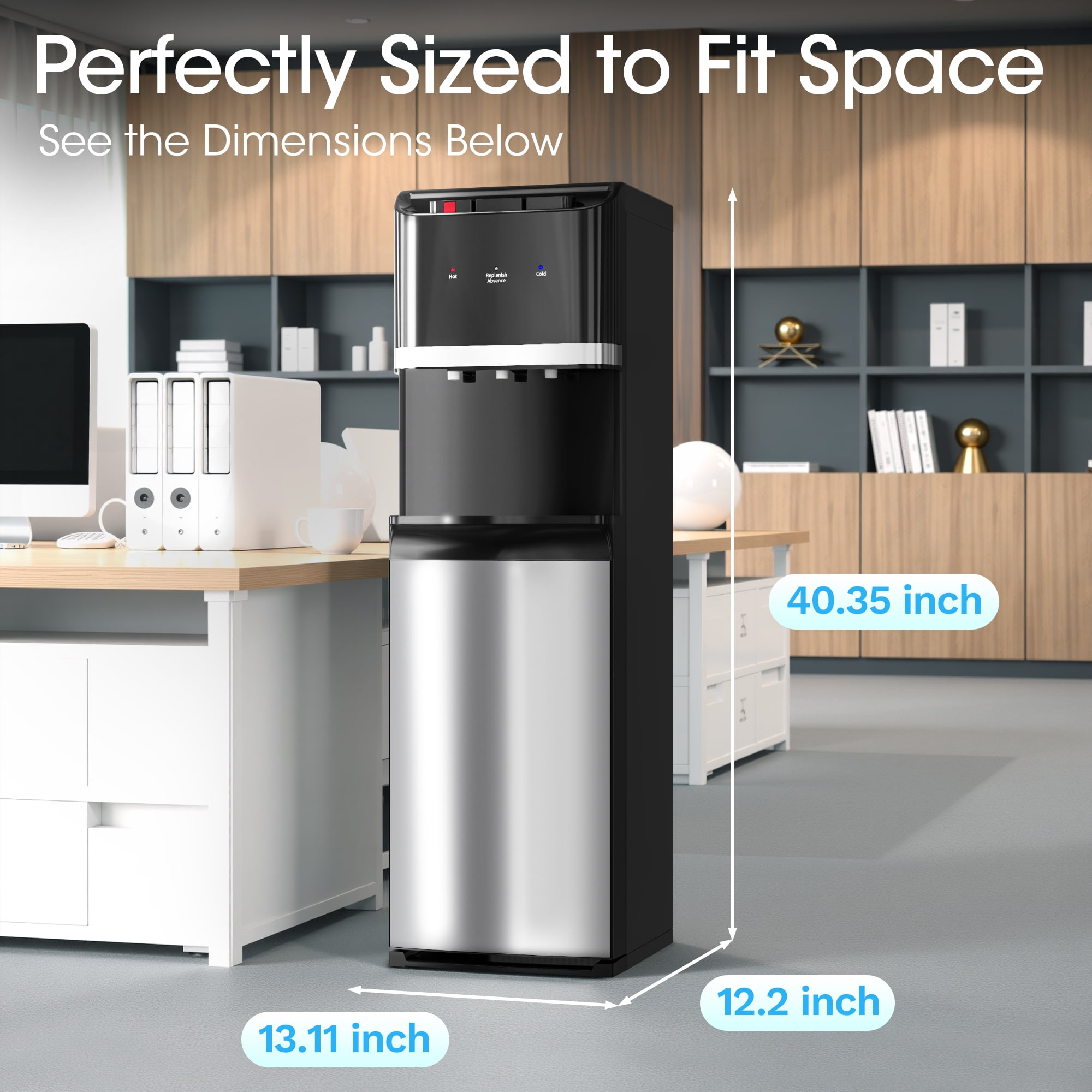 UrbanSync Bottom Loading Water Cooler Dispenser for 5 Gallon Bottles, Hot, Room & Cold, LED Display with Empty Bottle Alert, Ideal Design for Home & Office, Ebony Black