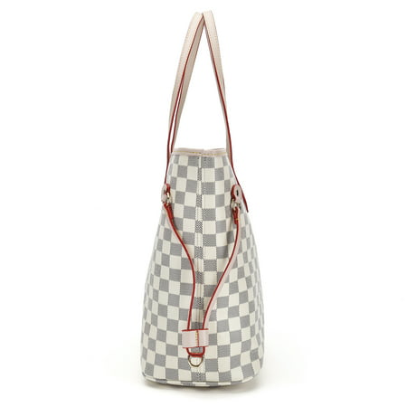 RICHPORTS - RICHPORTS Checkered Tote Shoulder Bag with inner pouch - PU Vegan Leather （White ...
