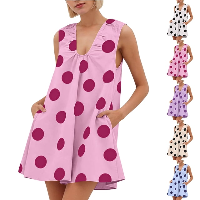 Mceream Dresses for Women Plus Size with Pockets Casual A Line Flowy Tank Dresses Summer Floral Sleeveless V Neck Ruffled Hem Party Ruched Short Dress Pink S
