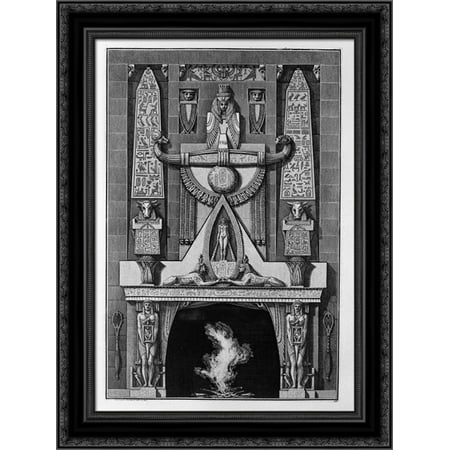 Decorative Obelisk Egyptian style fireplace, on the floor between two obelisks and a number of decorative elements, two sphinxes crouching 20x24 Black Ornate Wood Framed Canvas Art by Piranesi, Giovanni Battista ()