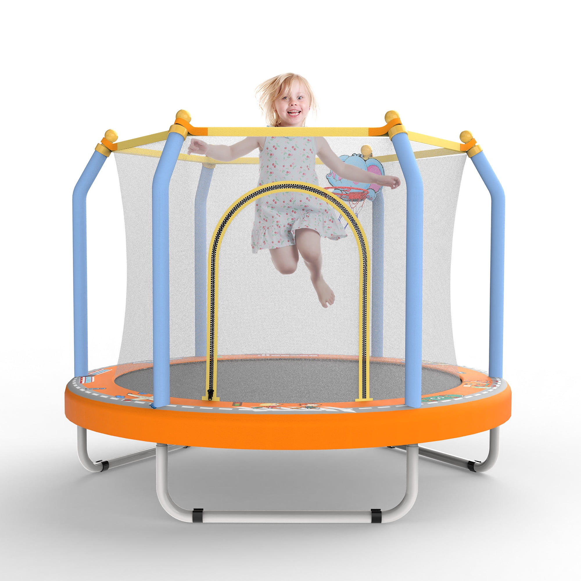 55" Toddler Trampoline with Basketball Hoop, Shinpt Mini Trampoline for Kids, Recreational Trampoline for Birthday Gift, Outdoor Trampoline with Enclosure Net, Round Trampoline Backyard, Indoor