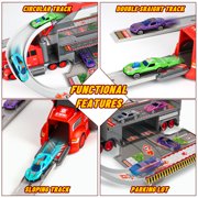 Carsky 2-in-1 Carrier Truck Race Track Playset, 37 Extra-Long Track w/ Parking Lot, 17 Transporter Carrier 4 Metal Mini Cars, Educational Gift Racing Toy for Boys & Girls Ages 3-8
