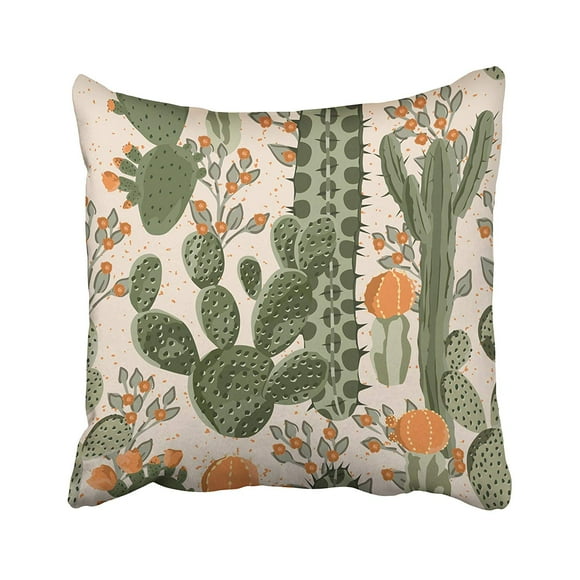 BOSDECO Desert Green Succulent Cactus And Orange Flowers Beach Cream Floral Pear Prickly Pillowcase Pillow Cushion Cover 20x20 inches
