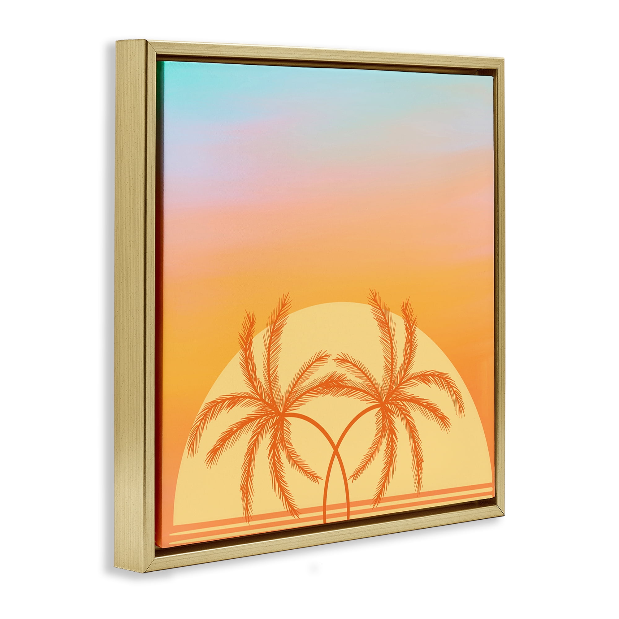 Stupell Industries Retro Sunset Palm Trees Plants & Flowers Painting Gold Floater Framed Canvas Art Print Wall Art, 18 x 18