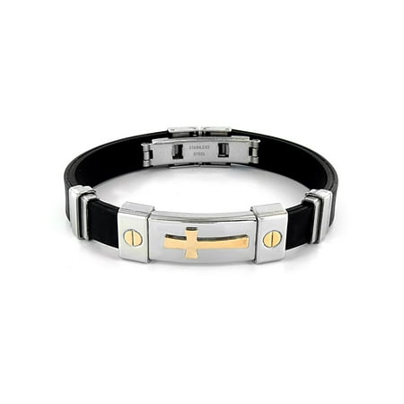 - Stainless Steel and Black Rubber Bracelet With Gold Plated Cross