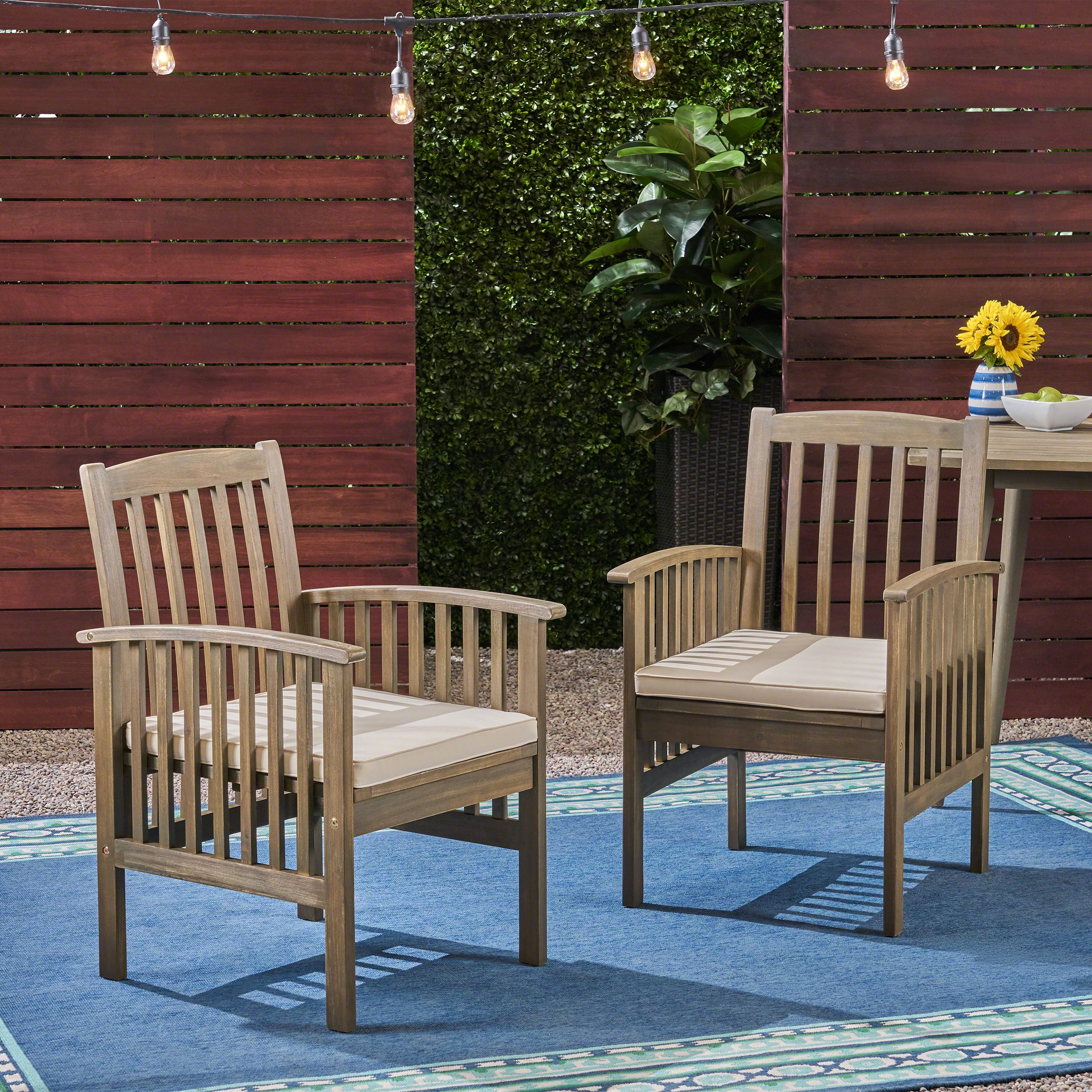 Outdoor Cushioned Dining Chair Set of 2, Acacia Wood Frame Comfort Seats for Patio Garden, Gray and Cream