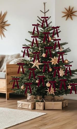 24-Pack Burgundy Velvet Christmas Bows for Tree Ornaments, Garland, Wreath, and Rustic Holiday Crafts - Indoor and Outdoor Xmas Decorations