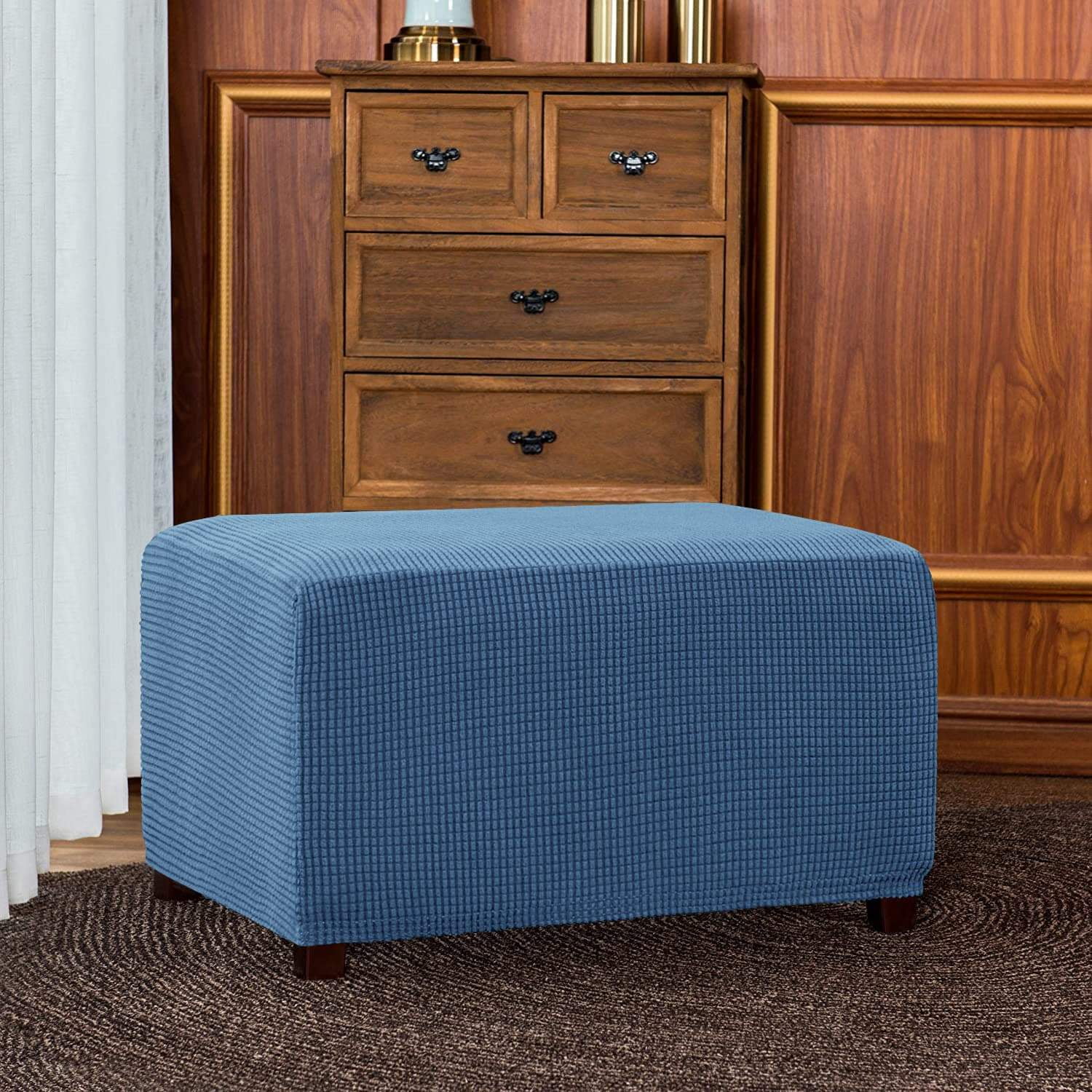 Subrtex Stretch Textured Grid Oversized Ottoman Slipcover, Denim Blue