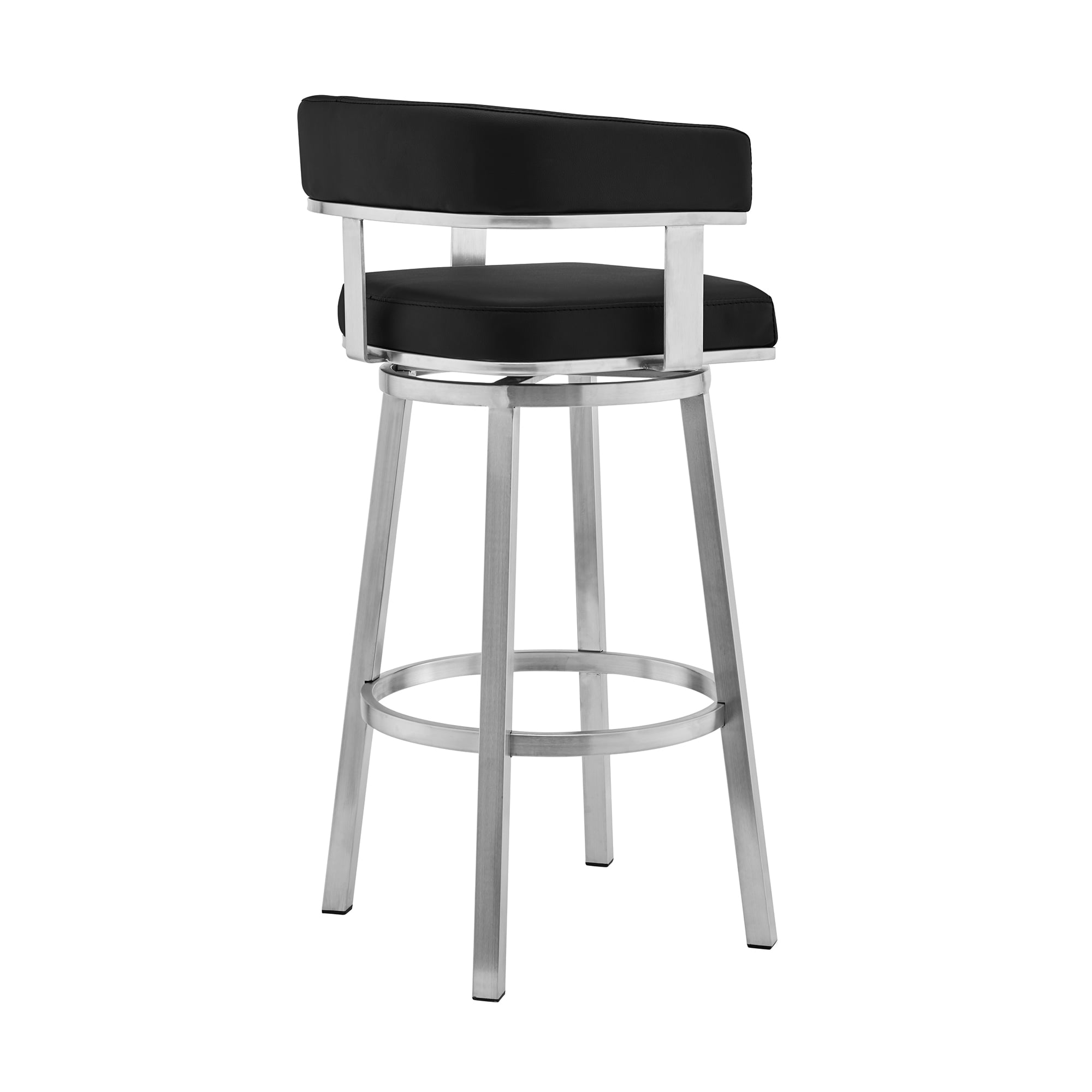 Armen Living Lorin30" Black Faux Leather and Brushed Stainless Steel Swivel Bar Stool