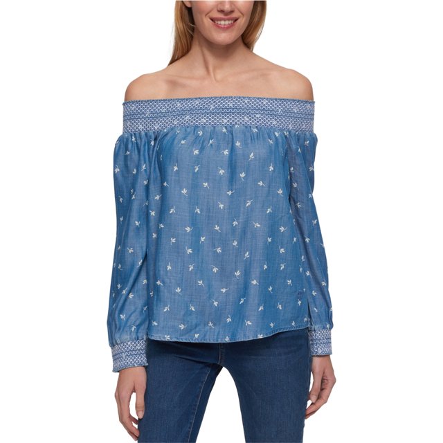 Tommy Hilfiger Blusa con hombros descubiertos para mujer, azul, grande Tommy Hilfiger fuera del hombro
