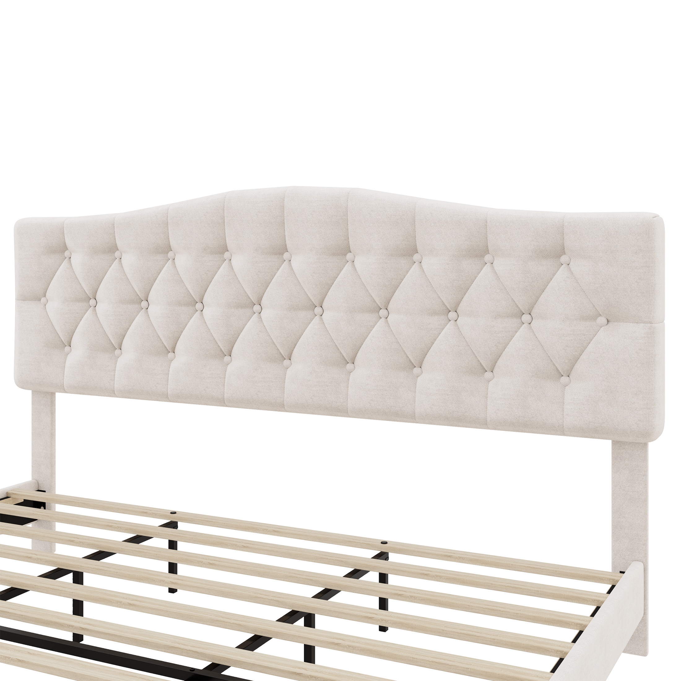 PORKISS King Size Linen Bed Frame with Upholstered Button Tufted Adjustable Headboard, Platform Bed with Wooden Slats Support, Holds 800lbs, Beige